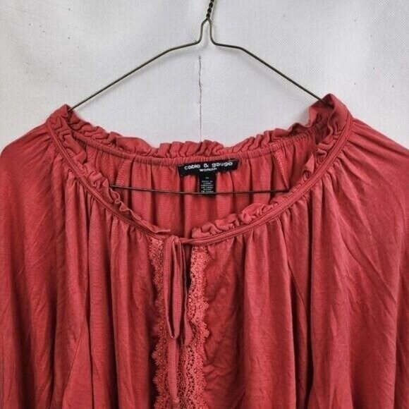 CABLE & Gauge Womens BOHO Top Size 1X Orange Lace Accent Balloon Sleeve Peasant - Picture 2 of 8
